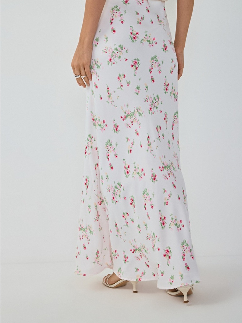 Ostin Floral White Maxi Skirt with Pink & Green Print